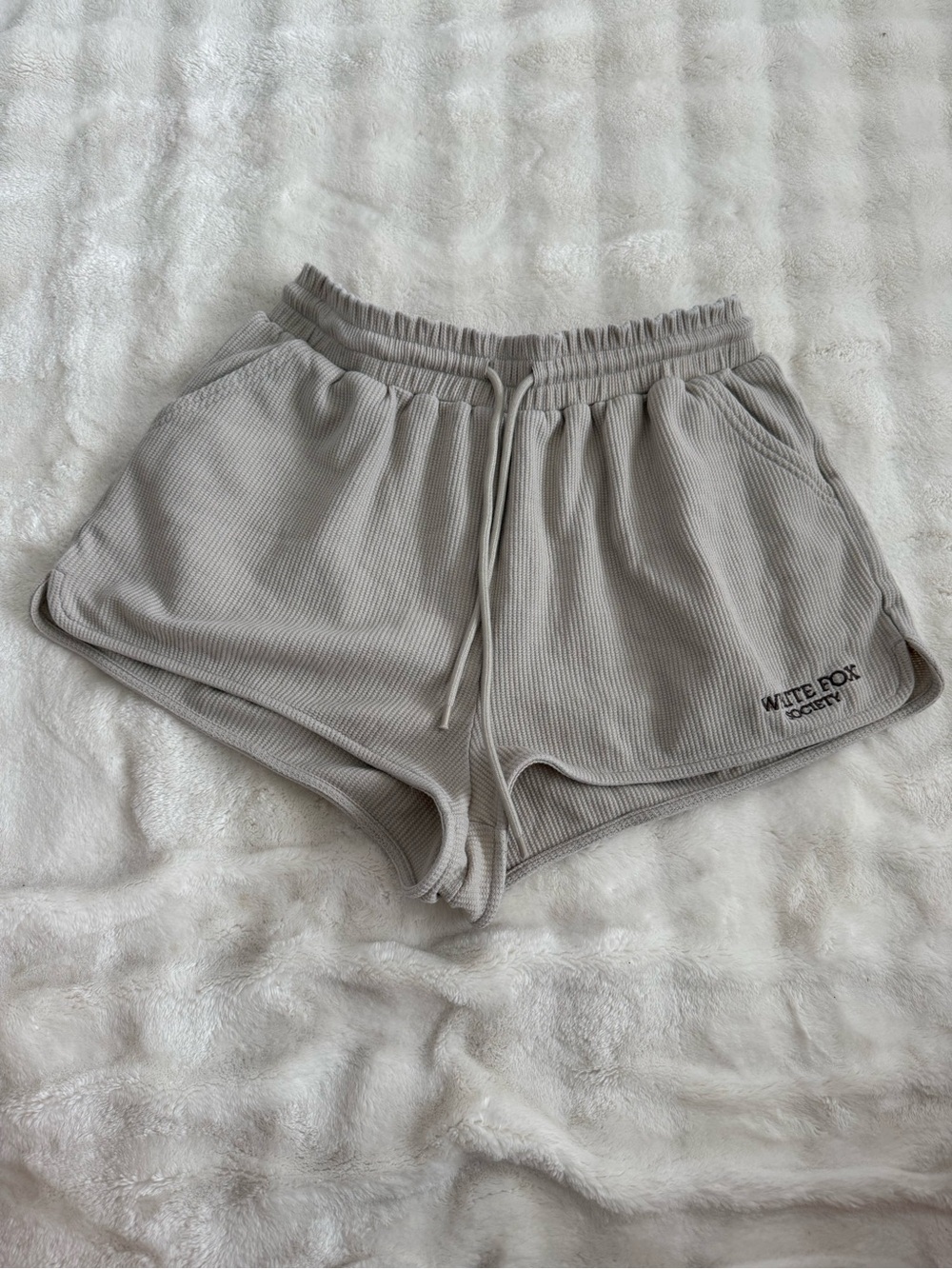 White Fox Boutique Waffle Knit Lounge Shorts S Oatmeal Grey Embroidered